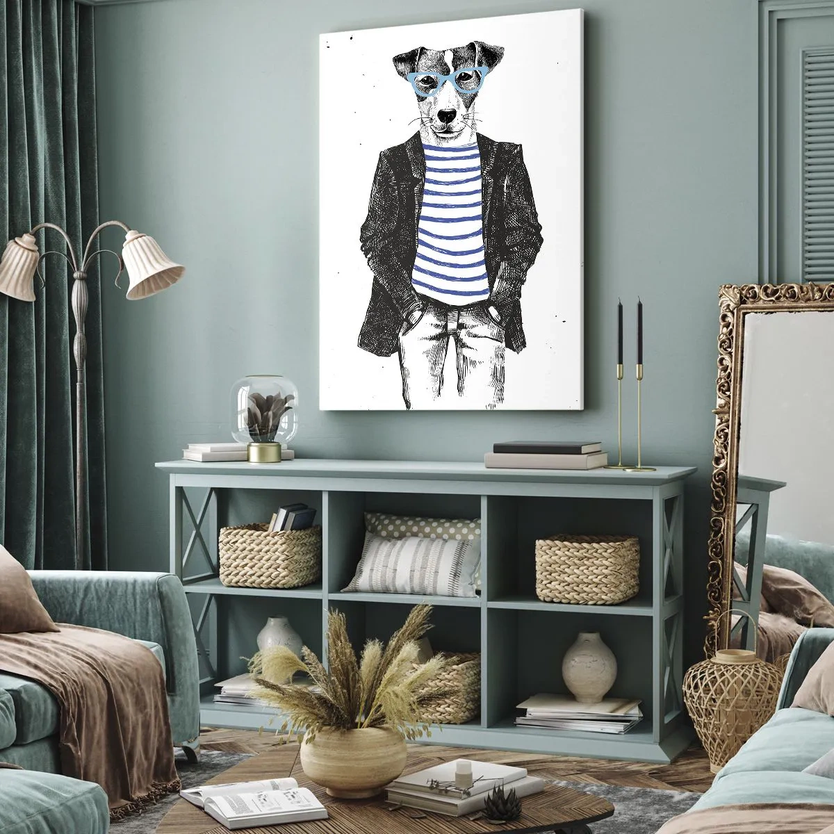 Impression sur toile - Image sur toile - Portrait d'un chien portant des lunettes et une chemise de marin dans un style humoristique - 70x100cm - Un charme de chien - Décoration murale moderne pour le salon et la chambre ARTTOR