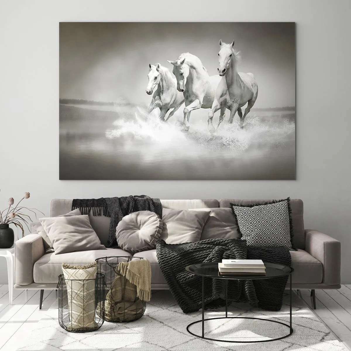 Impression sur verre - Image sur verre - Trois chevaux blancs galopant dans l'eau - 100x70cm - La folie blanche - Décoration murale moderne pour le salon et la chambre ARTTOR