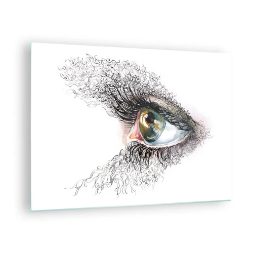 Impression sur verre - Image sur verre - Un œil doré entouré de lignes dynamiques et de détails abstraits - 70x50cm - Regarde droit dans l'âme - Décoration murale moderne pour le salon et la chambre ARTTOR