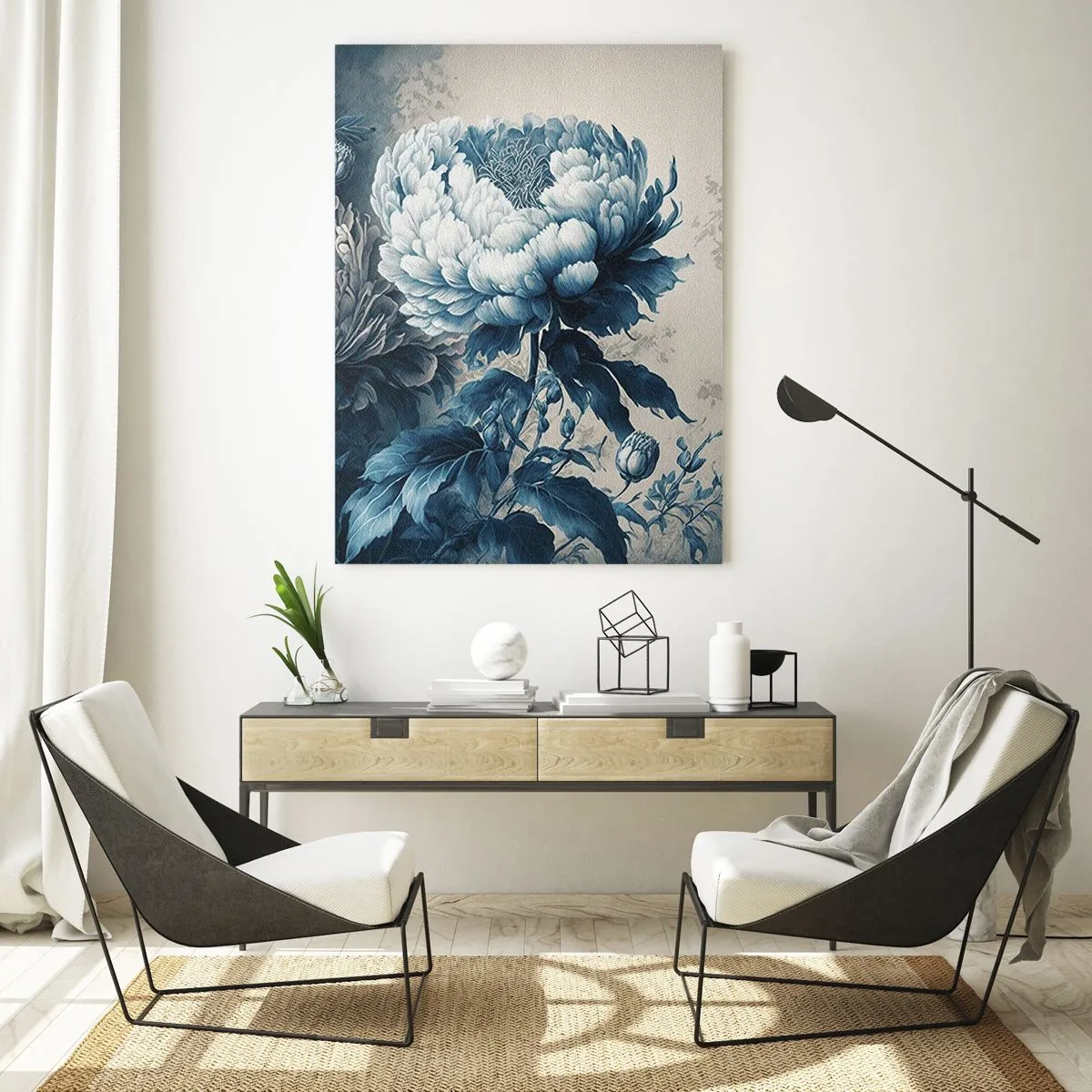 Impression sur verre - Image sur verre - Pivoines bleues sur un fond subtil avec un motif délicat - 80x120cm - Paire assortie - Décoration murale moderne pour le salon et la chambre ARTTOR
