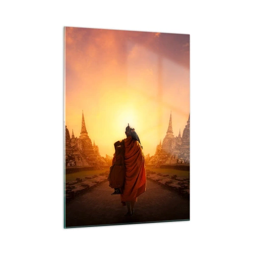 Impression sur verre - Image sur verre - Un moine sur fond de soleil couchant et de temples en Asie - 50x70cm - En paix pour l'éternité - Décoration murale moderne pour le salon et la chambre ARTTOR