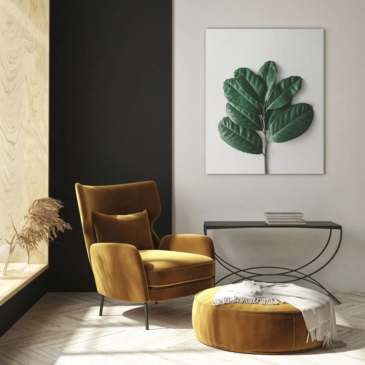 Impression sur verre - Image sur verre - Un brin de feuilles vertes sur un fond clair - 80x120cm - Dessin de la nature elle-même - Décoration murale moderne pour le salon et la chambre ARTTOR