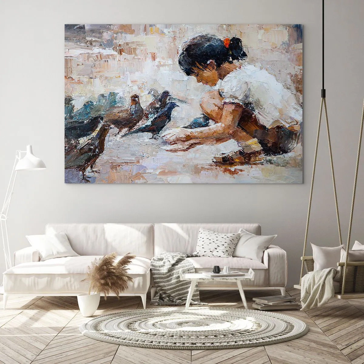 Impression sur verre - Image sur verre - Une fille nourrissant des oiseaux sur un fond impressionniste - 70x50cm - Les plus petits et les plus gentils - Décoration murale moderne pour le salon et la chambre ARTTOR