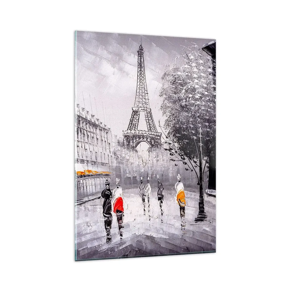 Impression sur verre - Image sur verre - Une vue de la Tour Eiffel dans un décor monochrome avec des touches de couleur - 80x120cm - Balade parisienne - Décoration murale moderne pour le salon et la chambre ARTTOR
