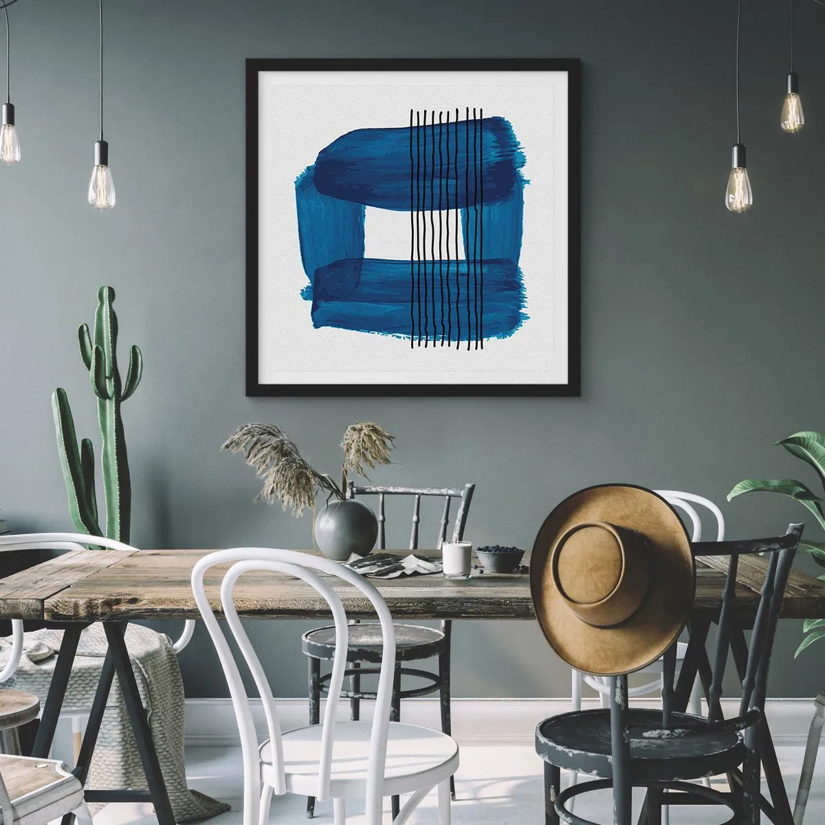 Affiche dans un cadre noir - Poster - Composition noire-bleue - 60x60 cm