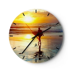 Horloge murale - Pendule murale - Surfeur au coucher du soleil sur la plage - 30x30cm - Le retour du guerrier - Décoration murale moderne pour le salon, la cuisine et la chambre ARTTOR