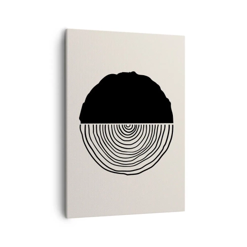 Impression sur toile - Image sur toile - Un motif abstrait en noir et blanc inspiré d'une coupe transversale de bois avec une division géométrique. - 50x70cm - Moitié-moitié - Décoration murale moderne pour le salon et la chambre ARTTOR
