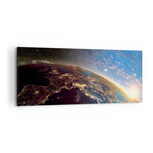 Impression sur toile - Image sur toile - Vue de la Terre depuis l'espace au lever du soleil - 120x50cm - Regardons-nous de loin - Décoration murale moderne pour le salon et la chambre ARTTOR