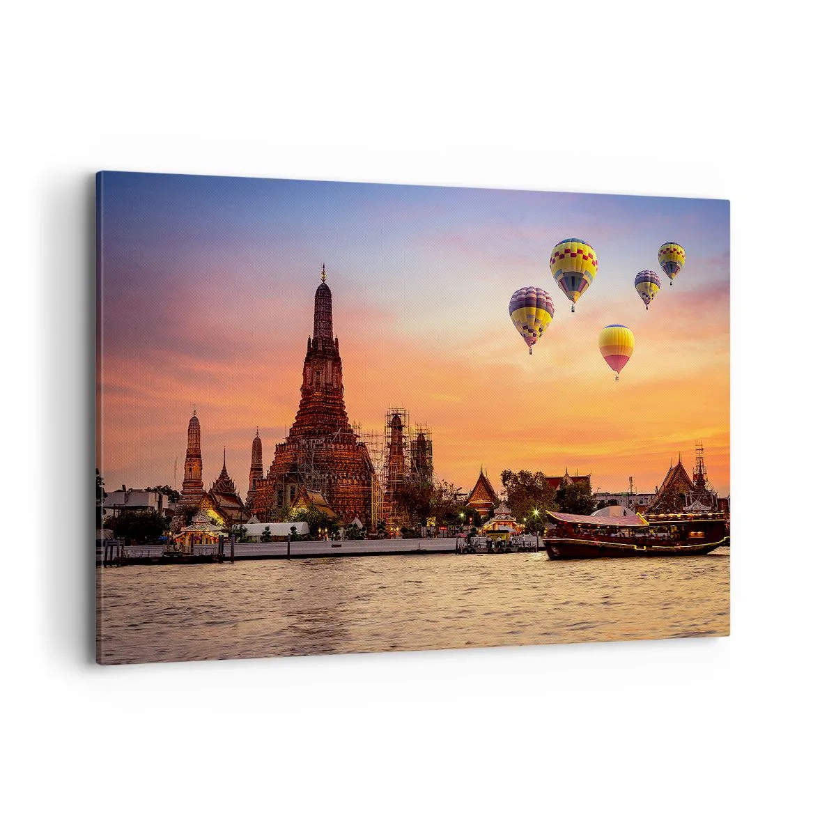 Impression sur toile - Image sur toile - Un temple et des ballons sur fond de soleil couchant sur la rivière - 120x80cm - C'est ici que naissent les contes de fées - Décoration murale moderne pour le salon et la chambre ARTTOR