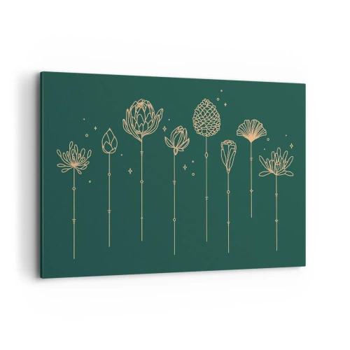 Impression sur toile - Image sur toile - Dessins dorés d'herbes sur fond vert foncé - 120x80cm - La famille Plante - Décoration murale moderne pour le salon et la chambre ARTTOR