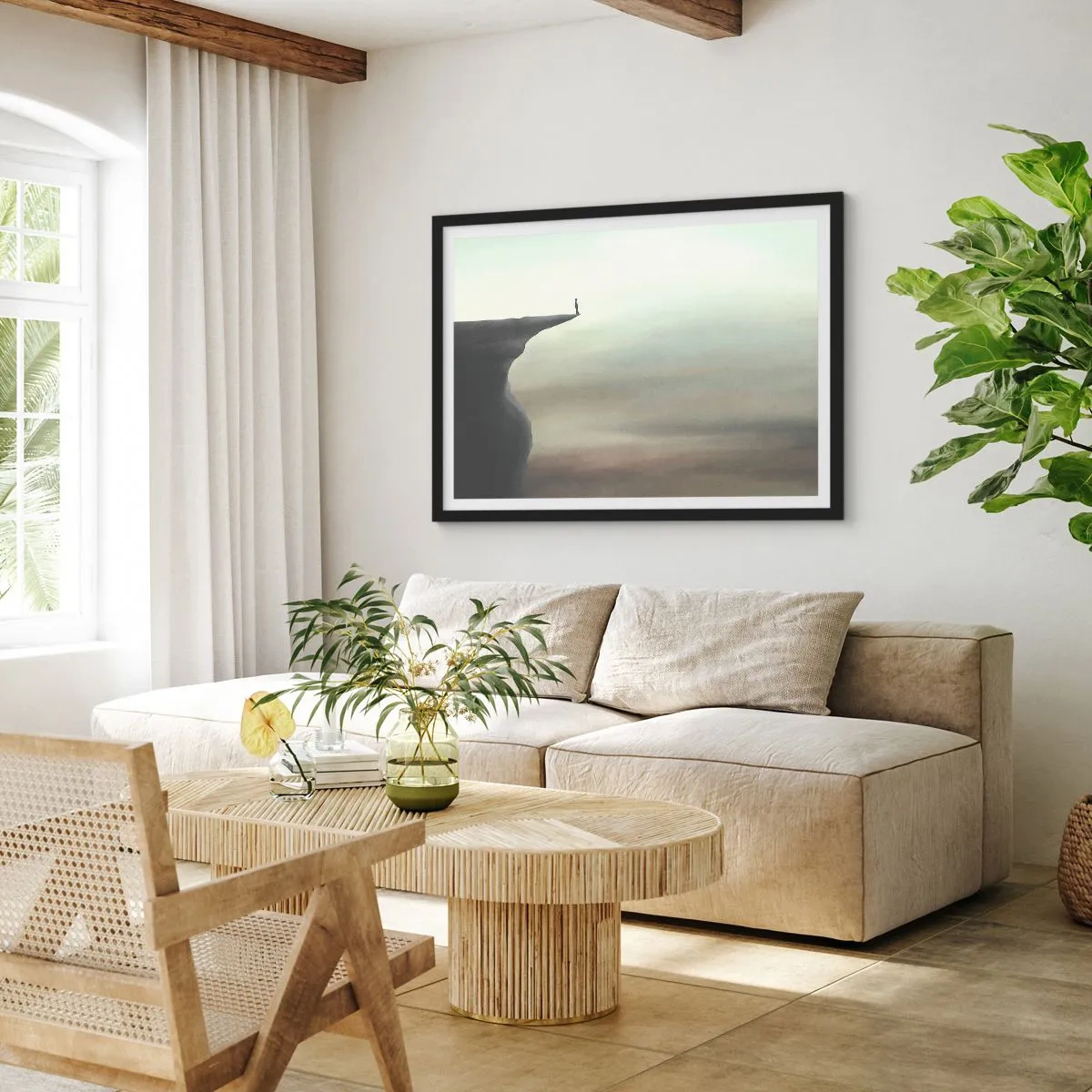 Affiche dans un cadre noir - Poster - Silhouette d'une figure au bord d'une falaise dans un paysage brumeux - 100x70cm - Tout en haut, bien entendu! - Décoration murale moderne pour le salon et la chambre ARTTOR