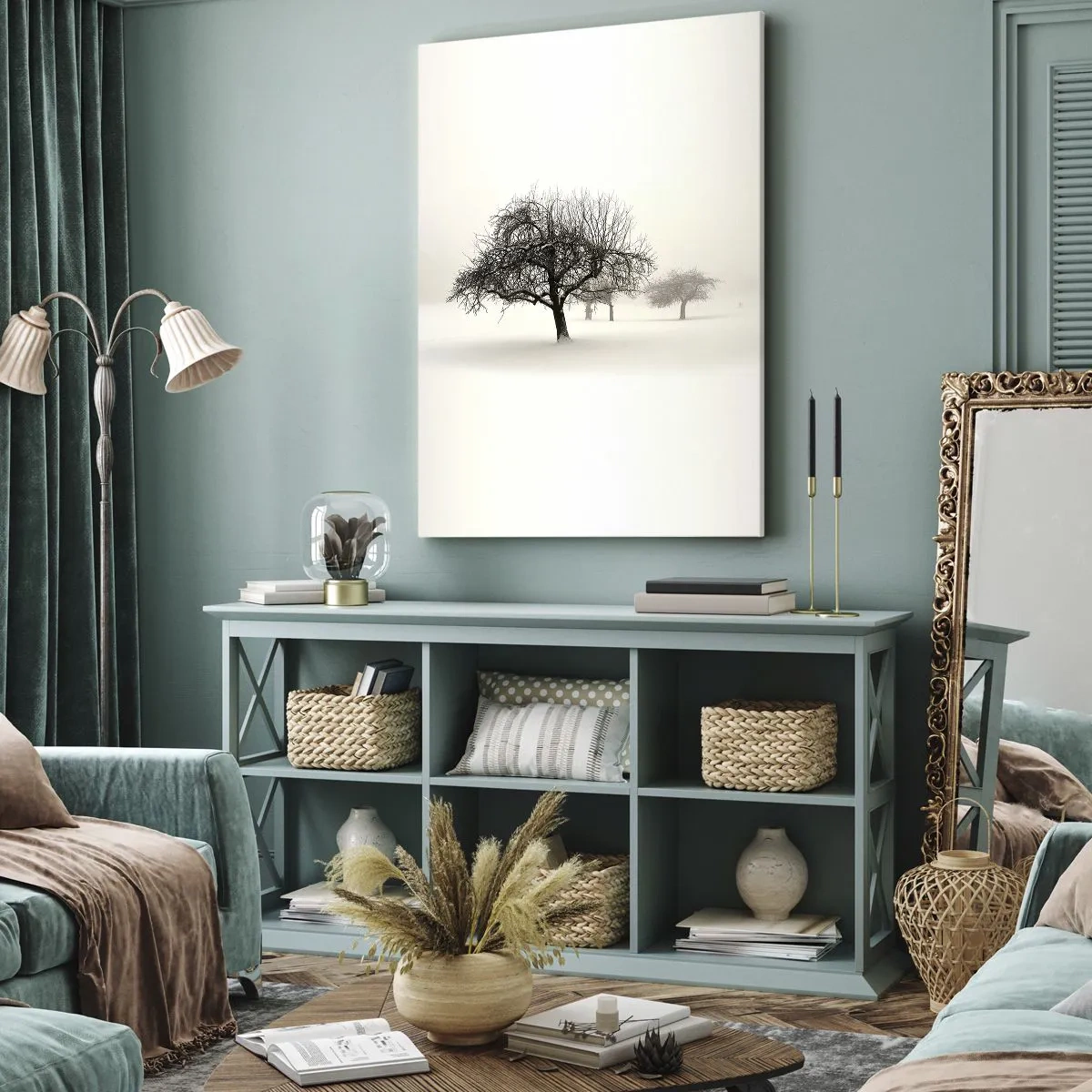 Impression sur toile - Image sur toile - Arbres dans un champ enneigé entouré de brouillard - 70x100cm - Un rêve hivernal - Décoration murale moderne pour le salon et la chambre ARTTOR
