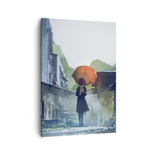 Impression sur toile - Image sur toile - Une silhouette avec un parapluie dans une ville pluvieuse - 50x70cm - Pluie vivifiante - Décoration murale moderne pour le salon et la chambre ARTTOR