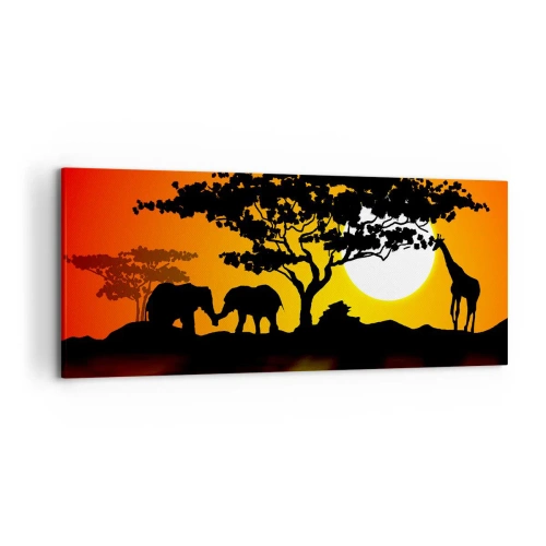 Impression sur toile - Image sur toile - Coucher de soleil africain avec des silhouettes d'éléphants et de girafes au-dessus de l'eau - 120x50cm - Rencontre dans la savane - Décoration murale moderne pour le salon et la chambre ARTTOR