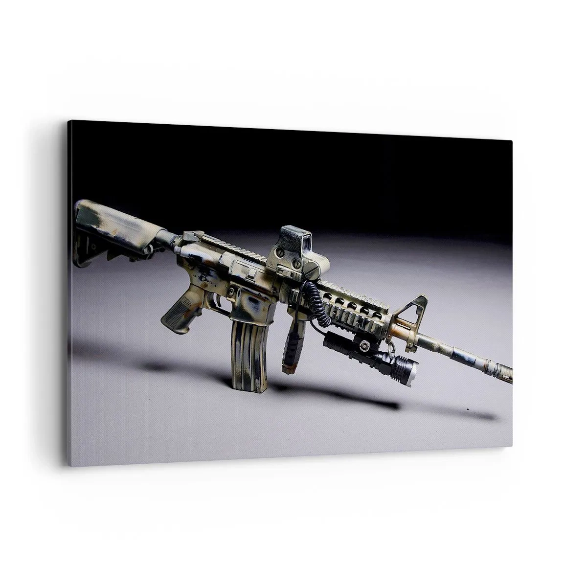 Impression sur toile - Image sur toile - Arme moderne de couleur camouflage sur fond sombre - 100x70cm - Toujours menaçant - Décoration murale moderne pour le salon et la chambre ARTTOR