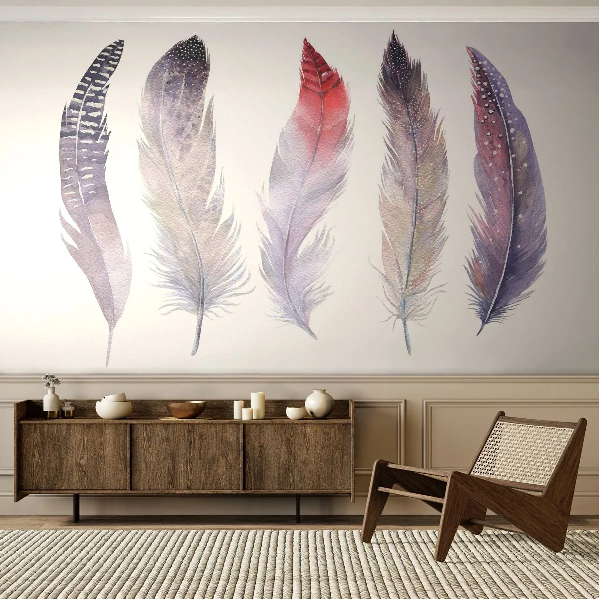 Papier Peint Photo Premium Sand - Plumes aquarelles aux nuances subtiles - 100x70cm - Délicat comme un brouillard multicolore - Décoration murale moderne pour le salon et la chambre ARTTOR