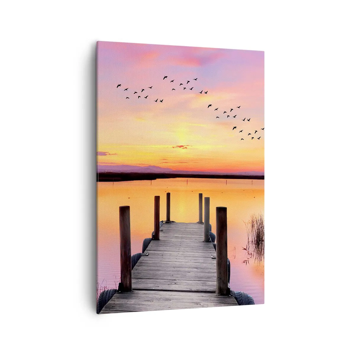Impression sur toile - Image sur toile - Une jetée sur un lac au coucher du soleil avec des oiseaux dans le ciel - 70x100cm - Aube silencieuse violette - Décoration murale moderne pour le salon et la chambre ARTTOR