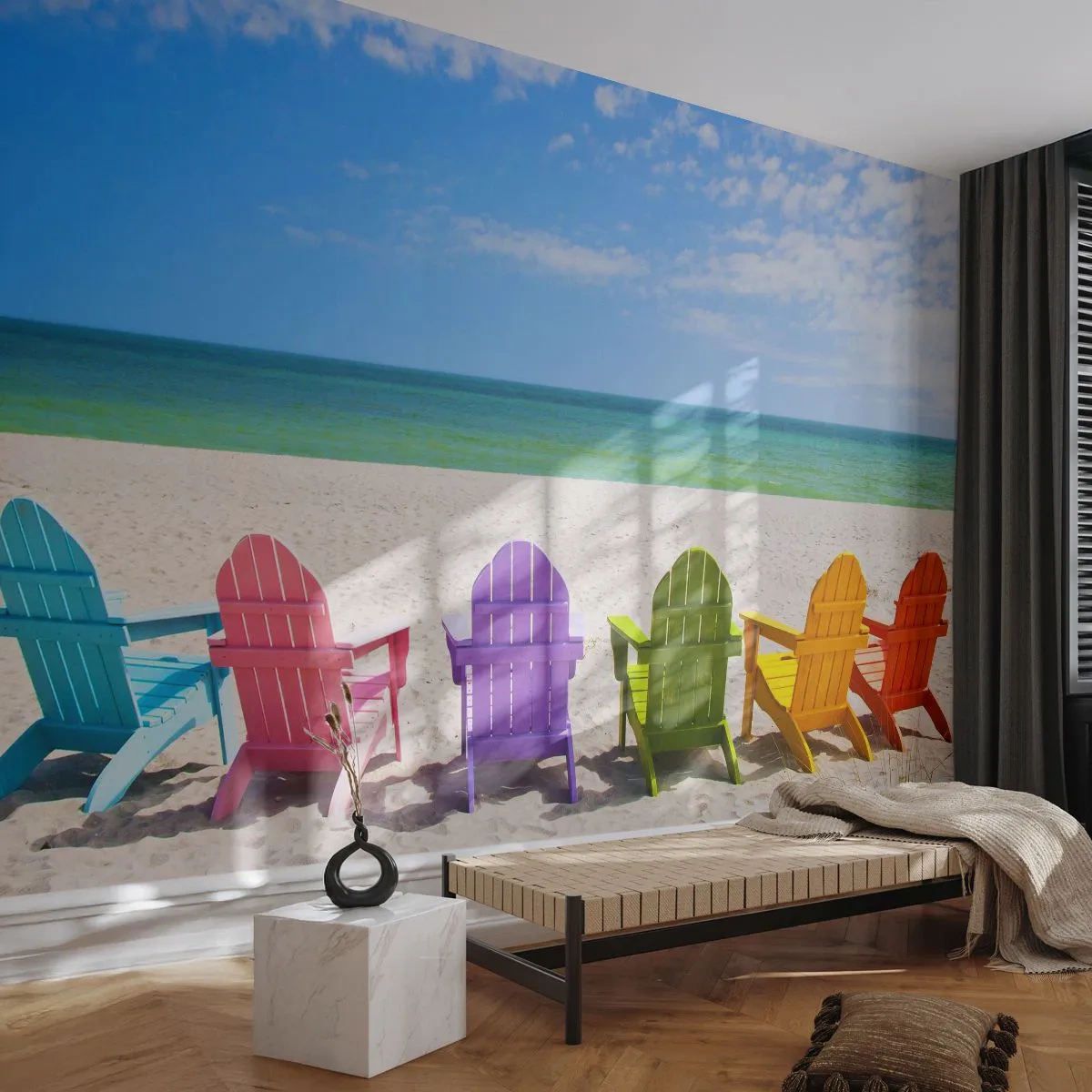 Papier Peint Autocollant Deluxe Sticker - Plage arc-en-ciel - Paysage, Plage, Chaises longues - 400x280 cm