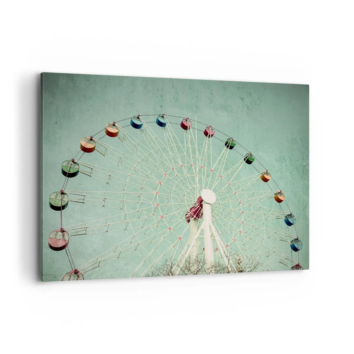 Impression sur toile - Image sur toile - Une grande roue colorée contre un ciel bleu dans un style rétro - 100x70cm - Nous vous invitons à vous amuser - Décoration murale moderne pour le salon et la chambre ARTTOR