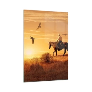 Impression sur verre - Image sur verre - Un cavalier sur un cheval au coucher du soleil contre la prairie - 80x120cm - Seul à travers la prairie - Décoration murale moderne pour le salon et la chambre ARTTOR