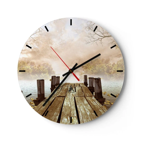 Horloge murale - Pendule murale - Une jetée en bois sur un lac entouré de brouillard et d'arbres - 30x30cm - La douce tristesse de l'automne - Décoration murale moderne pour le salon, la cuisine et la chambre ARTTOR
