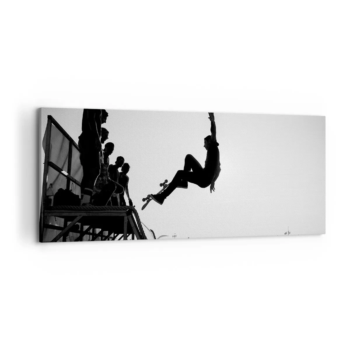 Impression sur toile - Image sur toile - Scène de skateboard en noir et blanc sur une rampe - 120x50cm - Héros et spectateurs - Décoration murale moderne pour le salon et la chambre ARTTOR