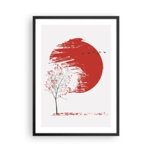 Affiche dans un cadre noir - Poster - Cercle rouge avec arbre et oiseaux dans un style minimaliste - 50x70cm - Connaissez-vous ce pays ? - Décoration murale moderne pour le salon et la chambre ARTTOR