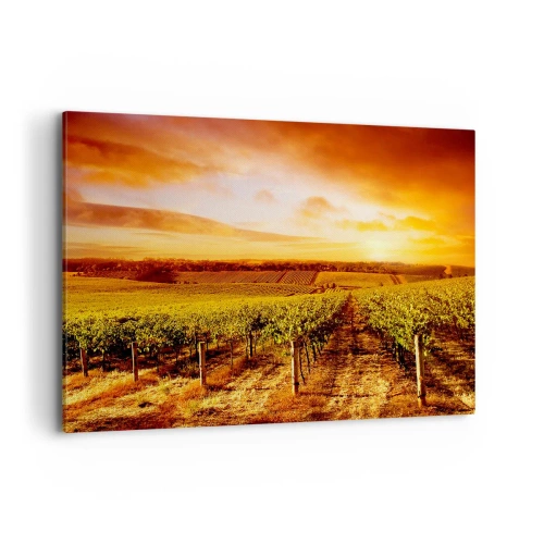 Impression sur toile - Image sur toile - Vignoble au coucher du soleil avec des tons de ciel chauds - 120x80cm - Légèrement fruité avec une pointe de soleil - Décoration murale moderne pour le salon et la chambre ARTTOR