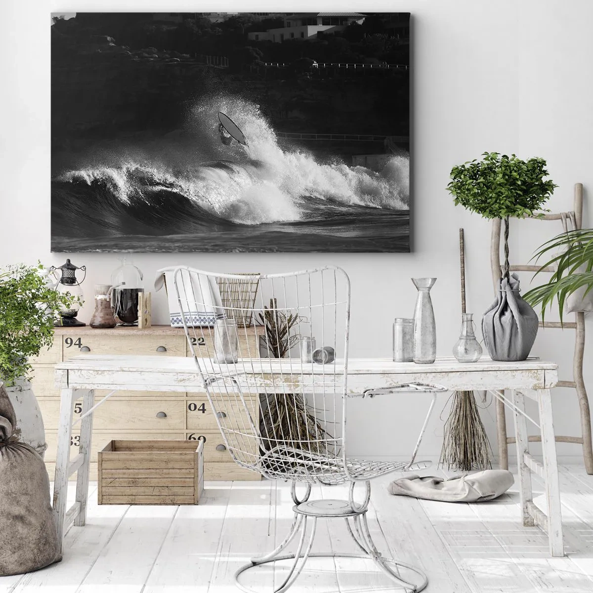 Impression sur toile - Image sur toile - Un surfeur sur une vague en monochrome - 70x50cm - Défi accepté! - Décoration murale moderne pour le salon et la chambre ARTTOR