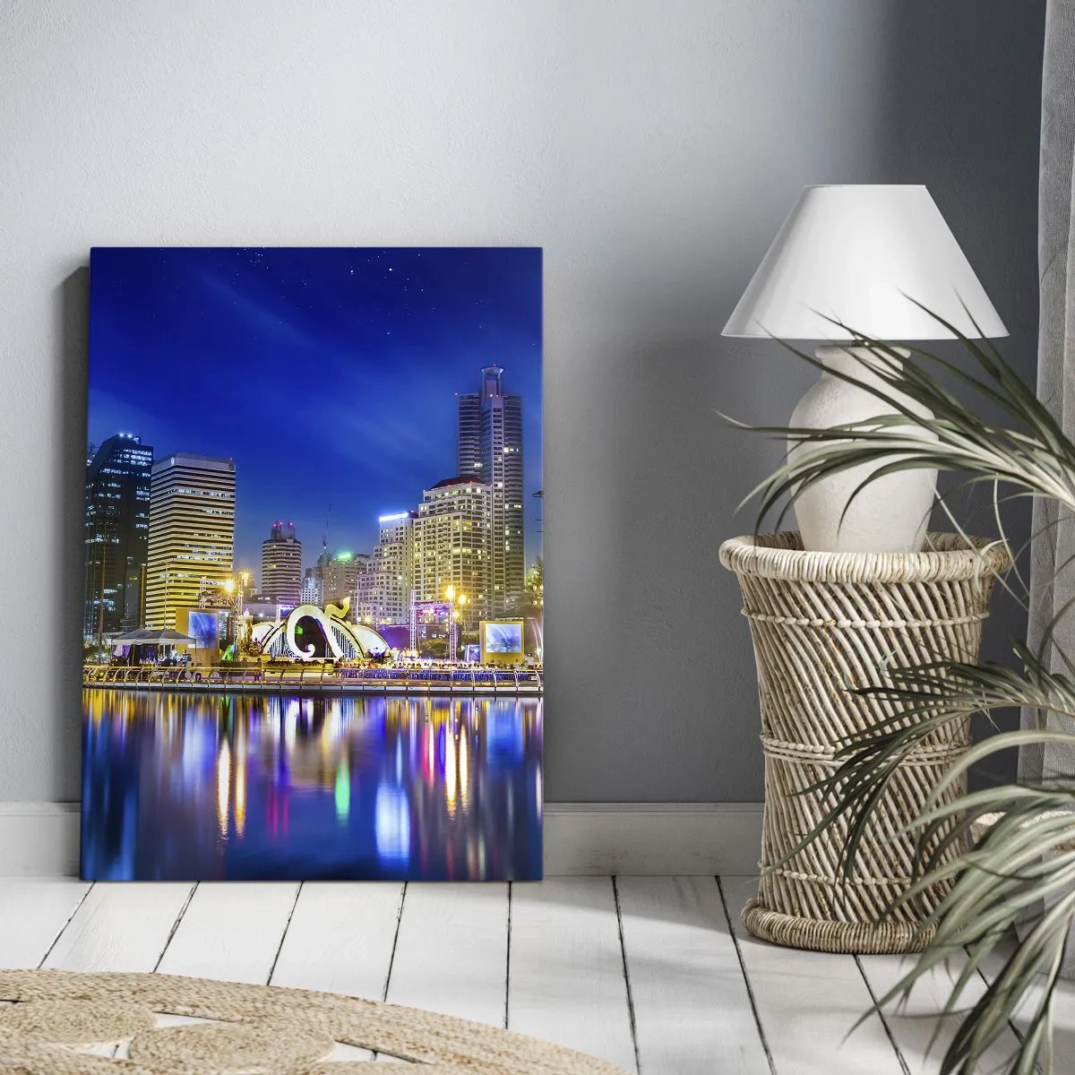 Impression sur toile - Image sur toile - Panorama nocturne de la ville avec les lumières reflétées sur l'eau - 80x120cm - Nuit arc-en-ciel de la métropole - Décoration murale moderne pour le salon et la chambre ARTTOR