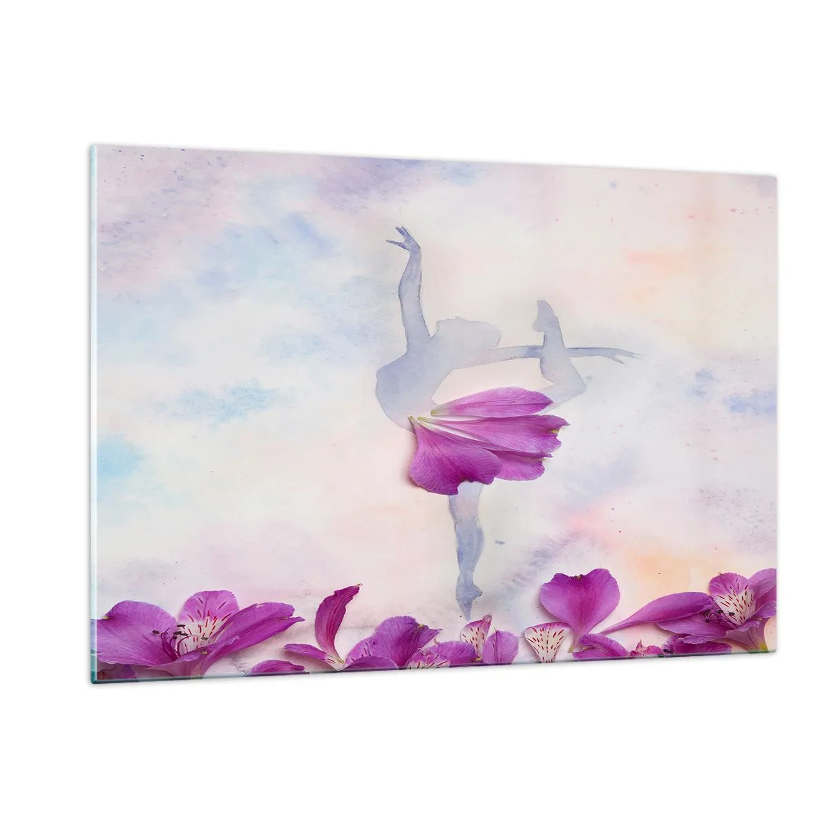 Impression sur verre - Image sur verre - Silhouette d'une ballerine avec une fleur dans une composition artistique - 120x80cm - Délicat comme une fleur - Décoration murale moderne pour le salon et la chambre ARTTOR