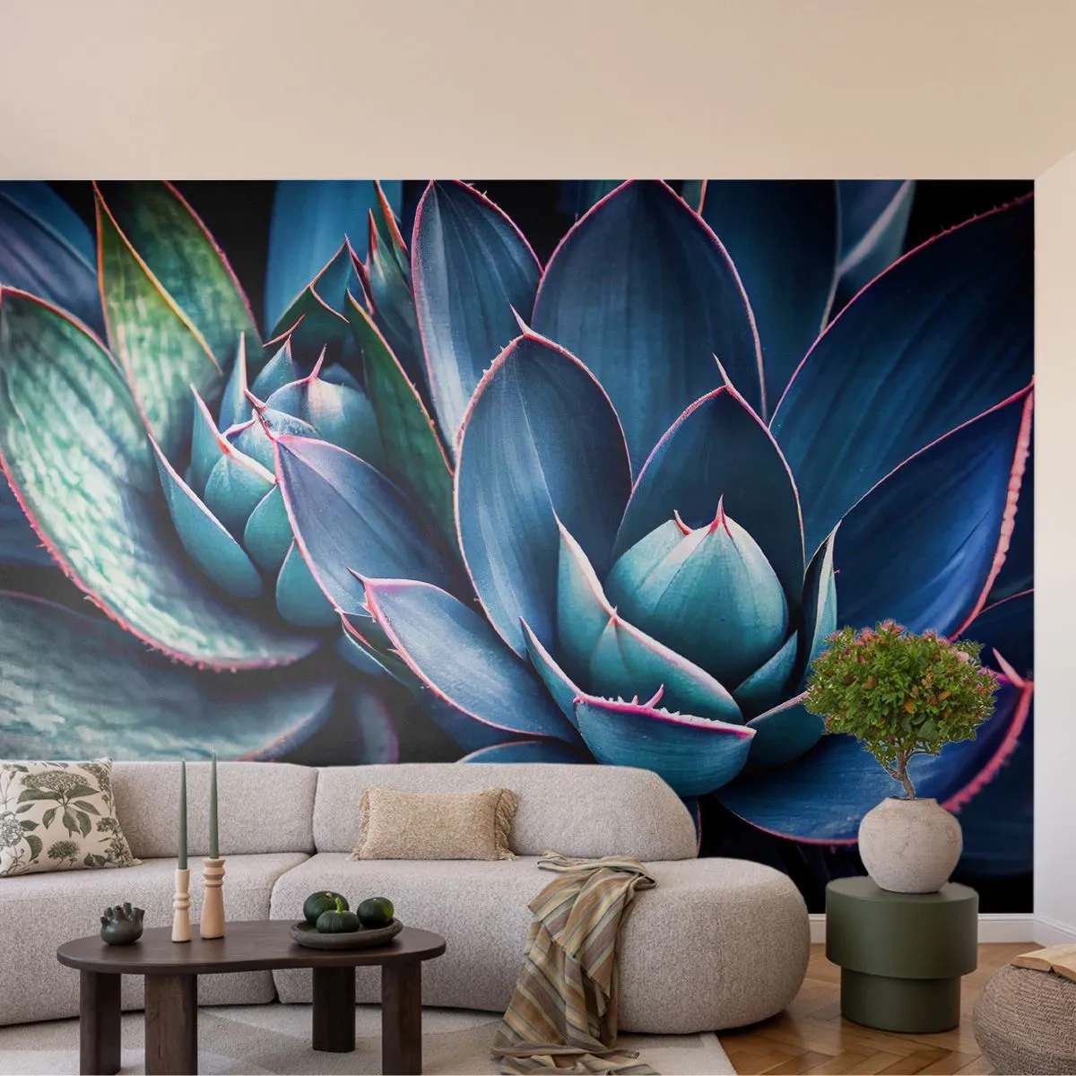 Papier Peint Photo Premium Sand - Gros plan de feuilles succulentes dans des tons de vert et de violet - 100x70cm - Force vital - Décoration murale moderne pour le salon et la chambre ARTTOR