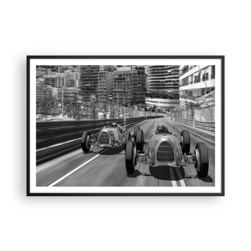 Affiche dans un cadre noir - Poster - Scène de course automobile rétro monochrome - 100x70cm - Il y a longtemps à Monté Carlo - Décoration murale moderne pour le salon et la chambre ARTTOR