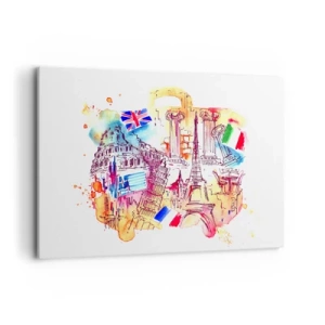 Impression sur toile - Image sur toile - Aquarelle de symboles européens avec drapeaux de pays - 120x80cm - Tournée européenne - Décoration murale moderne pour le salon et la chambre ARTTOR