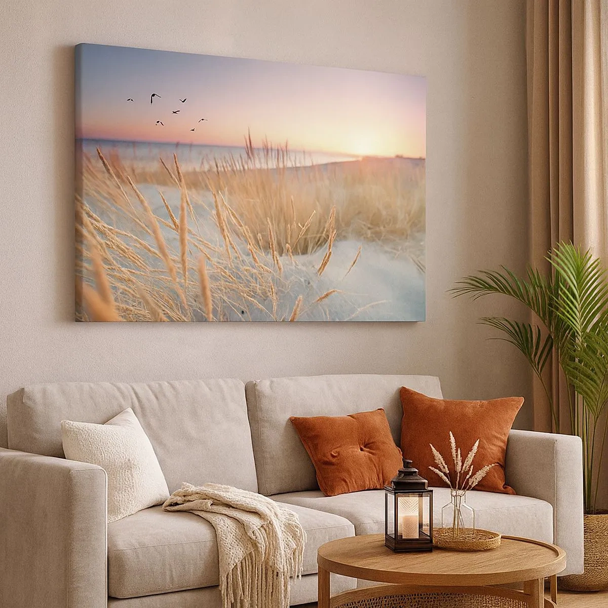 Impression sur toile - Image sur toile - Plage au coucher du soleil avec de hautes herbes - 70x50cm - Berceuse baltique - Décoration murale moderne pour le salon et la chambre ARTTOR