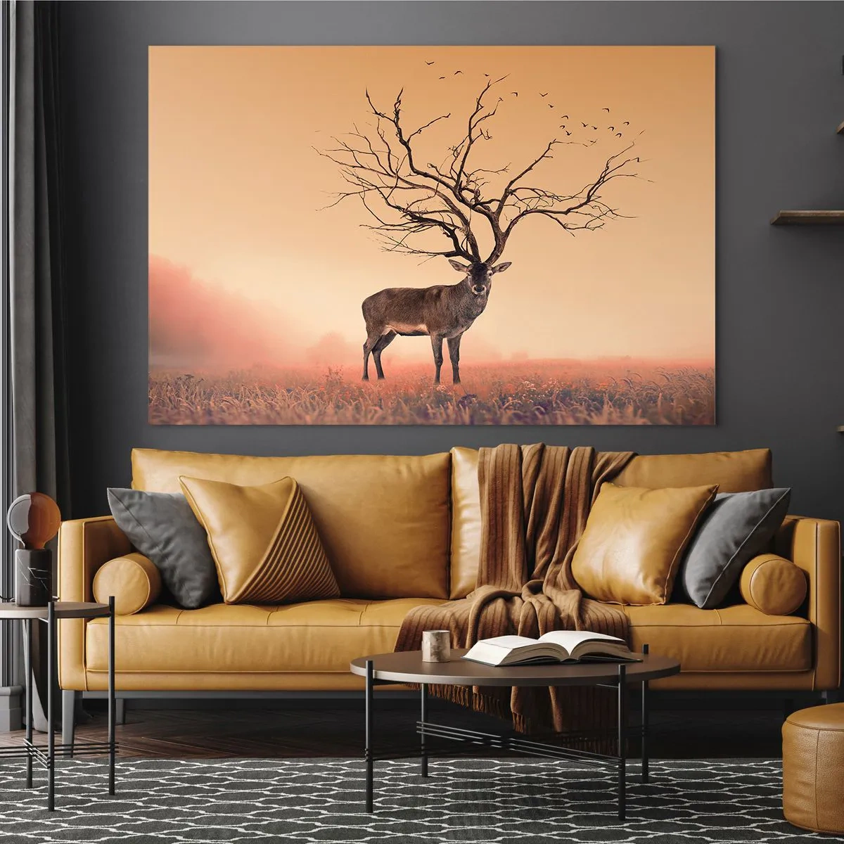 Impression sur verre - Image sur verre - Illustration d'un cerf avec un arbre comme bois - 70x50cm - Cerf de Pra - l'esprit éternel de la forêt - Décoration murale moderne pour le salon et la chambre ARTTOR