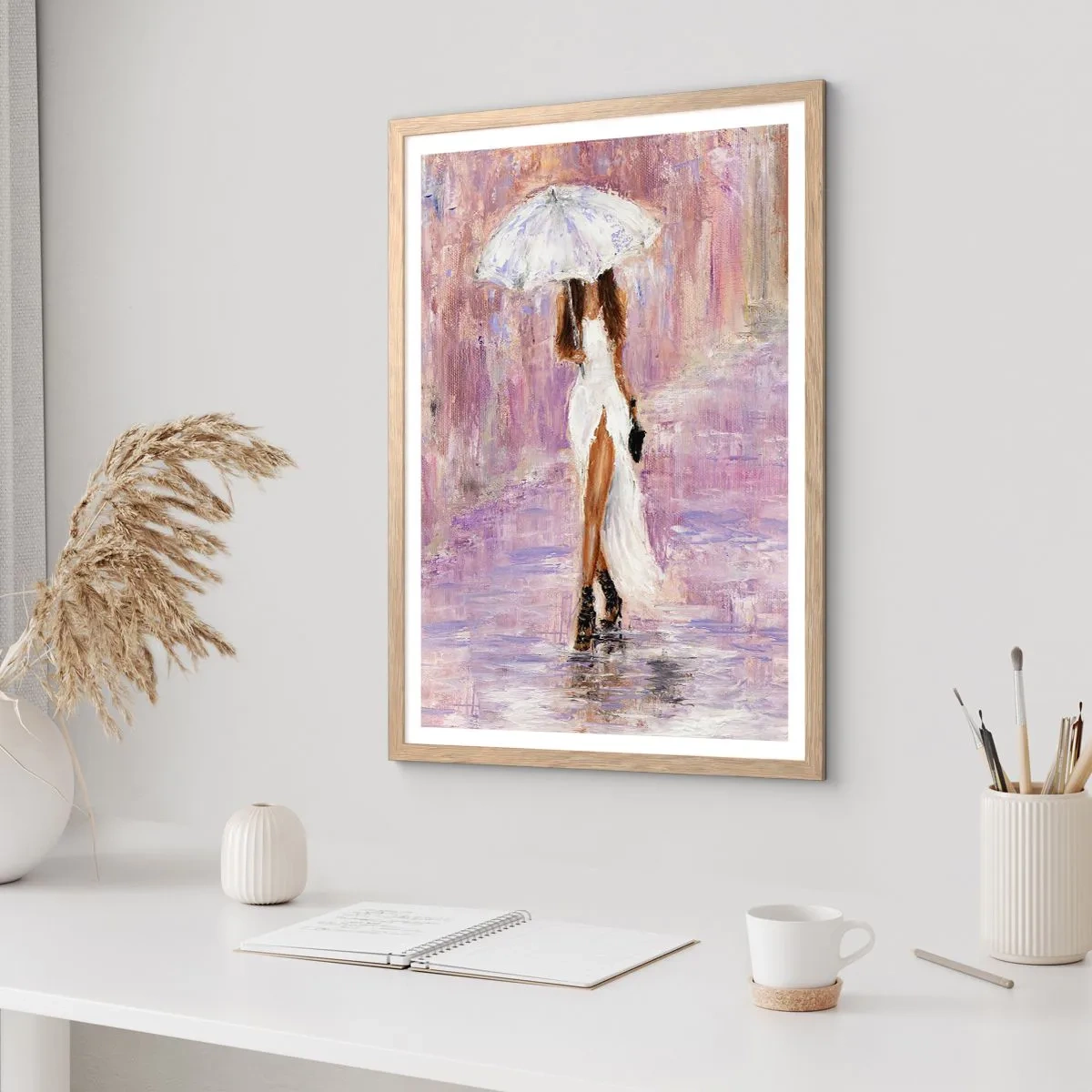 Affiche dans un chêne clair - Poster - Sous la pluie lilas - 40x50 cm