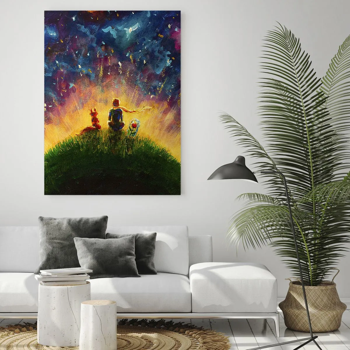 Impression sur verre - Image sur verre - Une figure avec un renard sur une planète sous un ciel étoilé - 50x70cm - Amour et amitié - le monde entier - Décoration murale moderne pour le salon et la chambre ARTTOR
