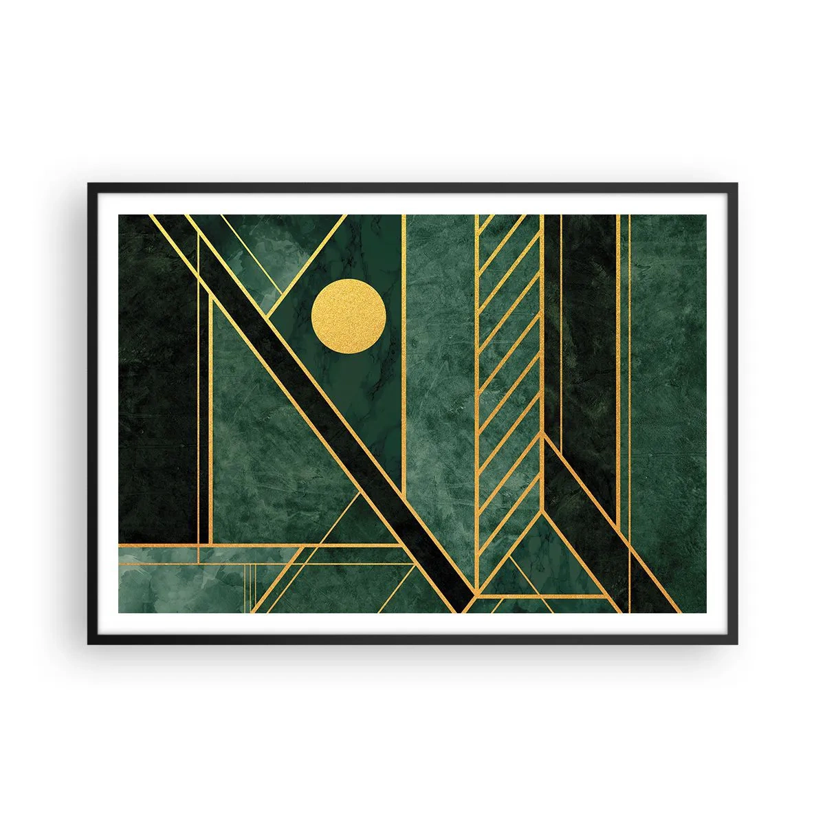 Affiche dans un cadre noir - Poster - Design géométrique vert et or avec un motif élégant - 100x70cm - Dynamique or et azur - Décoration murale moderne pour le salon et la chambre ARTTOR