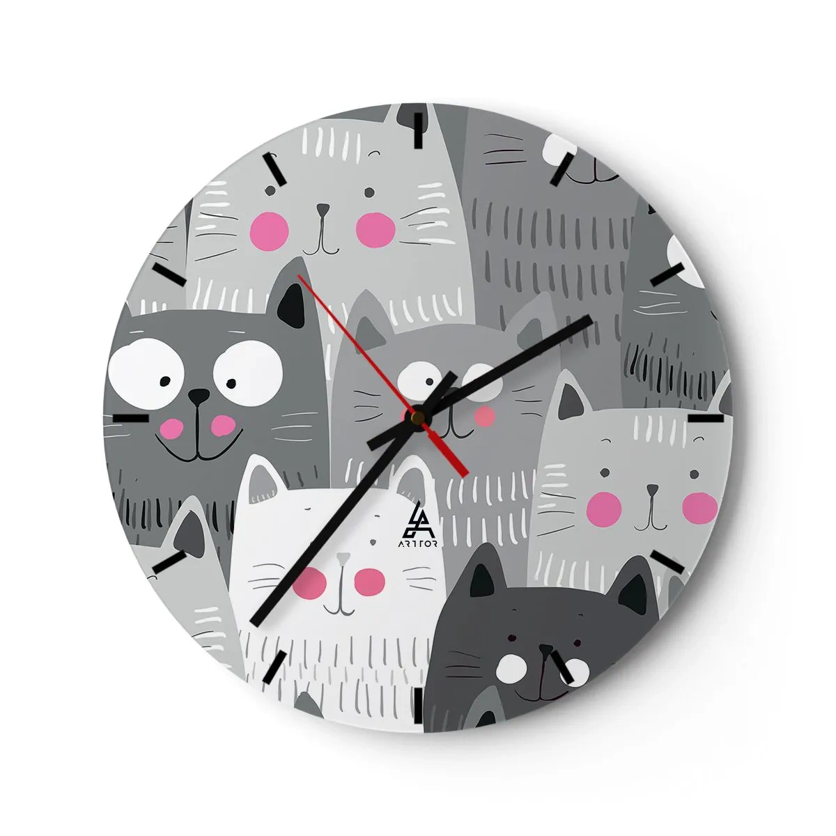 Horloge murale - Pendule murale - Chats gris et blancs dans un style illustratif - 30x30cm - Le monde des chats - Décoration murale moderne pour le salon, la cuisine et la chambre ARTTOR