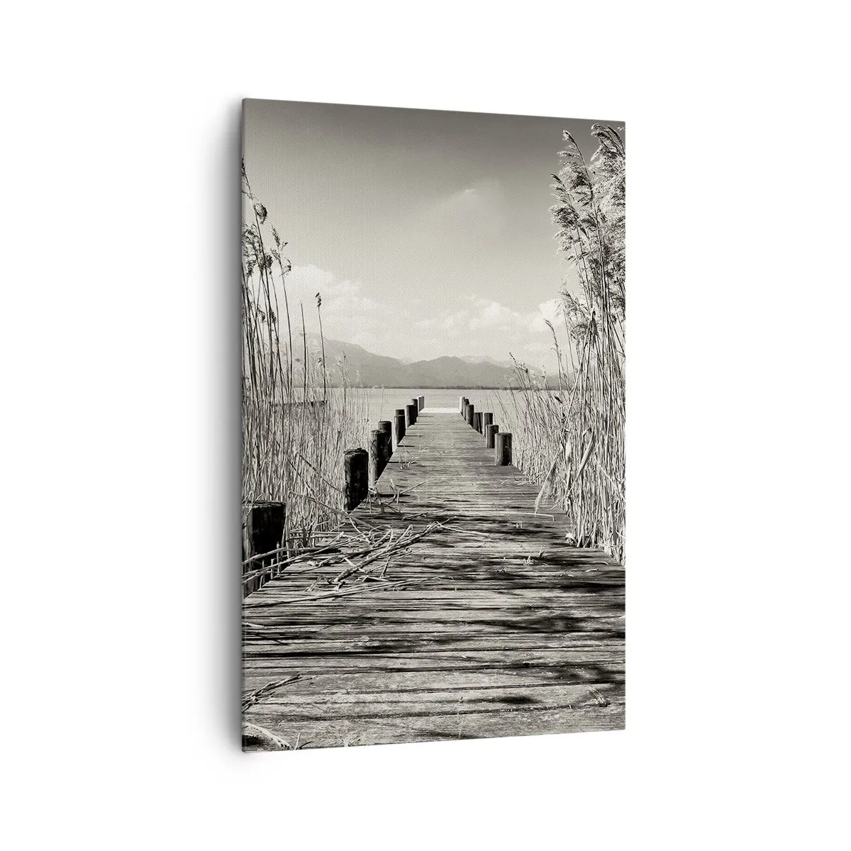 Impression sur toile - Image sur toile - Une jetée en bois parmi les hautes herbes au-dessus d'un lac aux tons sépia - 80x120cm - Dans le calme de l'herbe - Décoration murale moderne pour le salon et la chambre ARTTOR