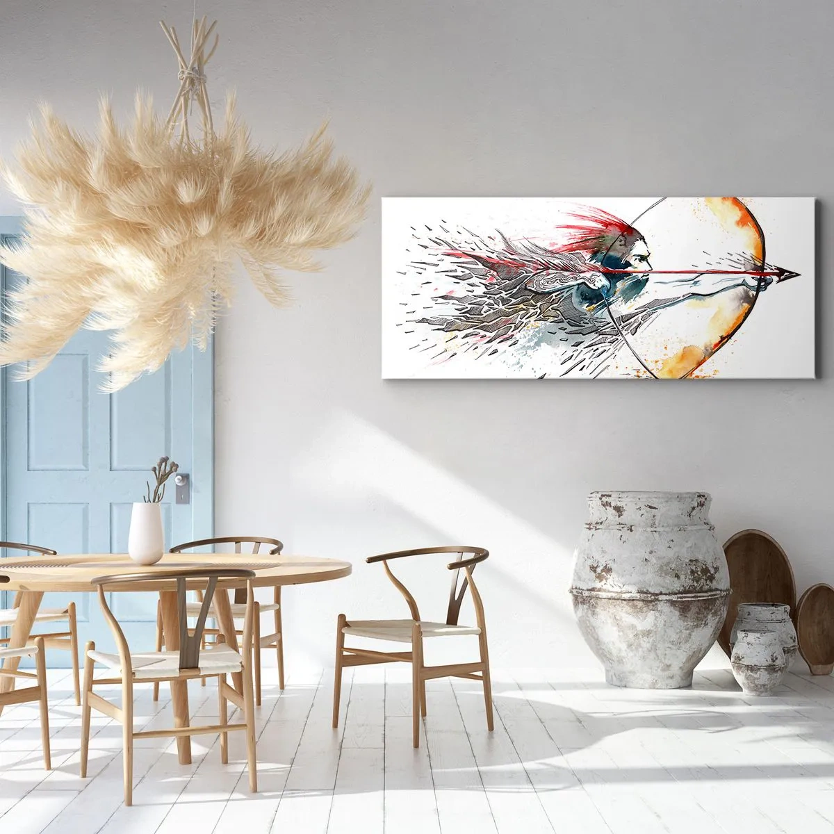 Impression sur toile - Image sur toile - Aquarelle dynamique d'un guerrier avec un arc et des flèches - 160x50cm - Guerrier mythique avec un arc de feu - Décoration murale moderne pour le salon et la chambre ARTTOR