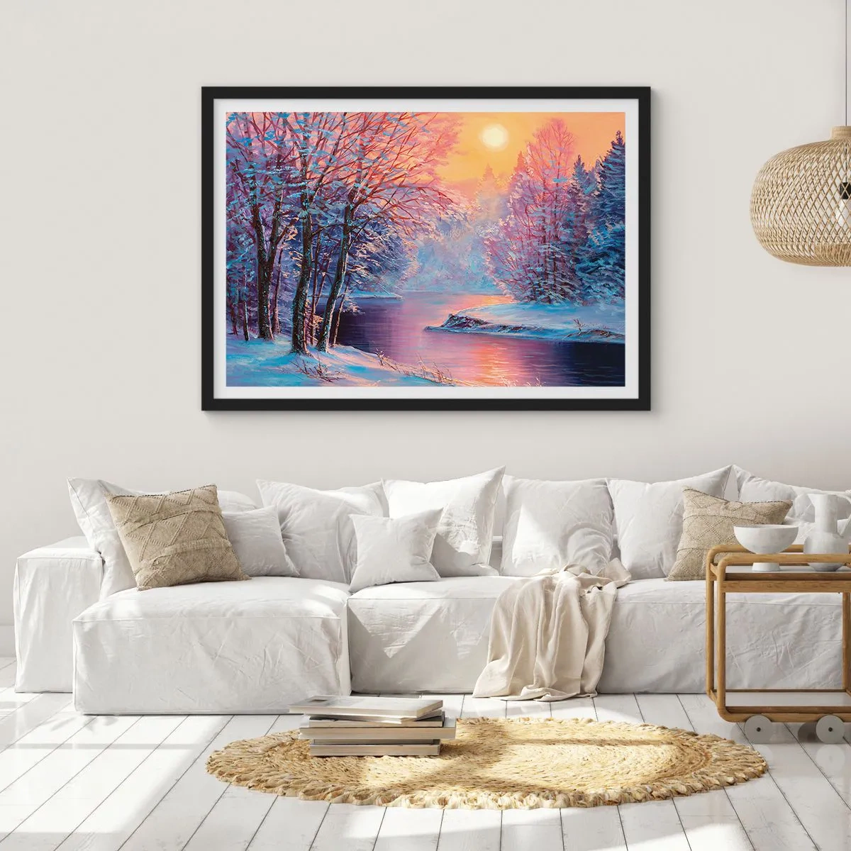 Affiche dans un cadre noir - Poster - Paysage d'hiver avec rivière et arbres au lever du soleil - 100x70cm - Couleurs d'hiver - Décoration murale moderne pour le salon et la chambre ARTTOR