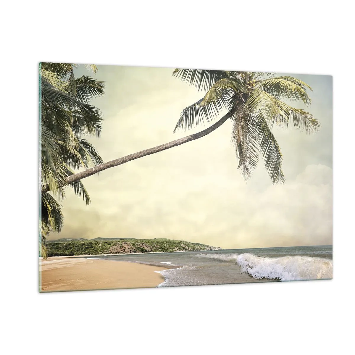 Impression sur verre - Image sur verre - Plage tropicale avec palmiers et vagues - 120x80cm - Rêve tropical - Décoration murale moderne pour le salon et la chambre ARTTOR