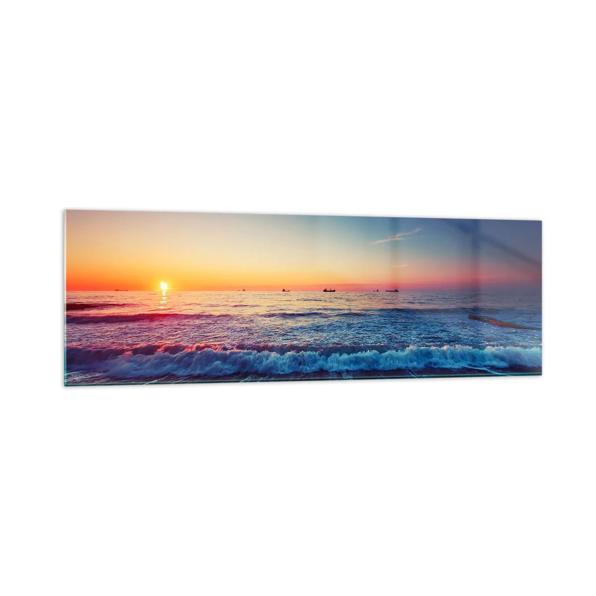 Impression sur verre - Image sur verre - Coucher de soleil sur une mer calme avec des vagues - 160x50cm - Mais quel horizon ? - Décoration murale moderne pour le salon et la chambre ARTTOR