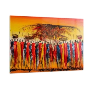 Impression sur verre - Image sur verre - Une scène colorée avec des gens en costumes traditionnels africains - 120x80cm - Là-bas, là-bas, ils vont là-bas - Décoration murale moderne pour le salon et la chambre ARTTOR