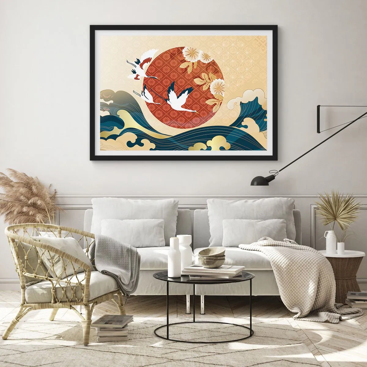 Affiche dans un cadre noir - Poster - Composition japonaise avec des grues et des vagues - 100x70cm - Conte japonnais - Décoration murale moderne pour le salon et la chambre ARTTOR