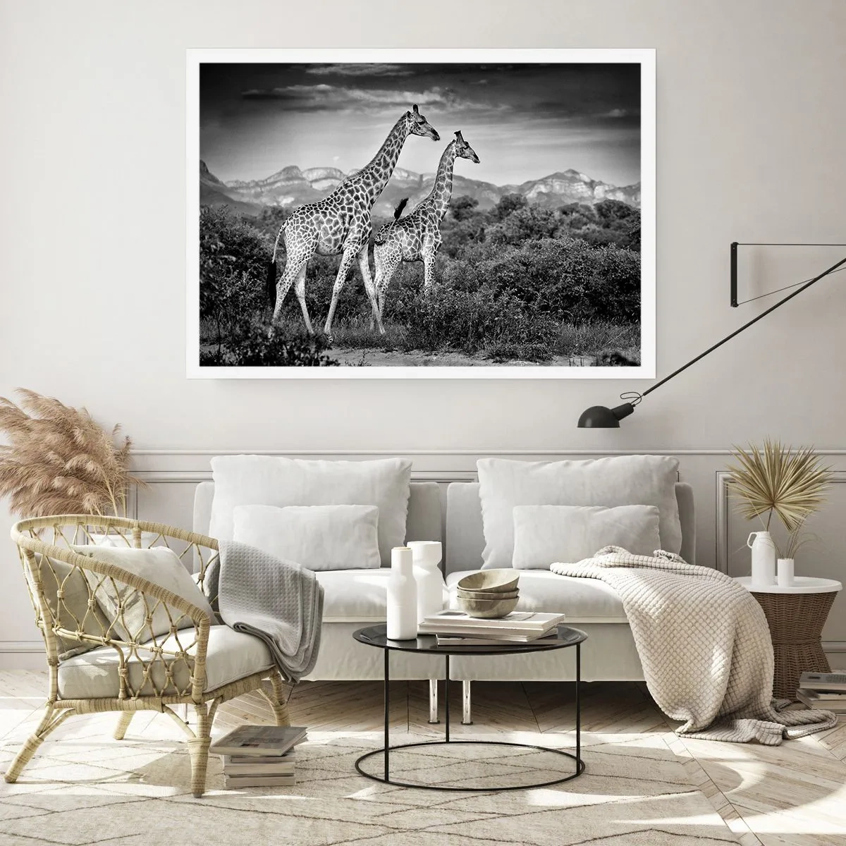 Affiche - Poster - Silhouettes noires et blanches de deux girafes dans la savane - 100x70cm - Hautes sphères en Afrique - Décoration murale moderne pour le salon et la chambre ARTTOR