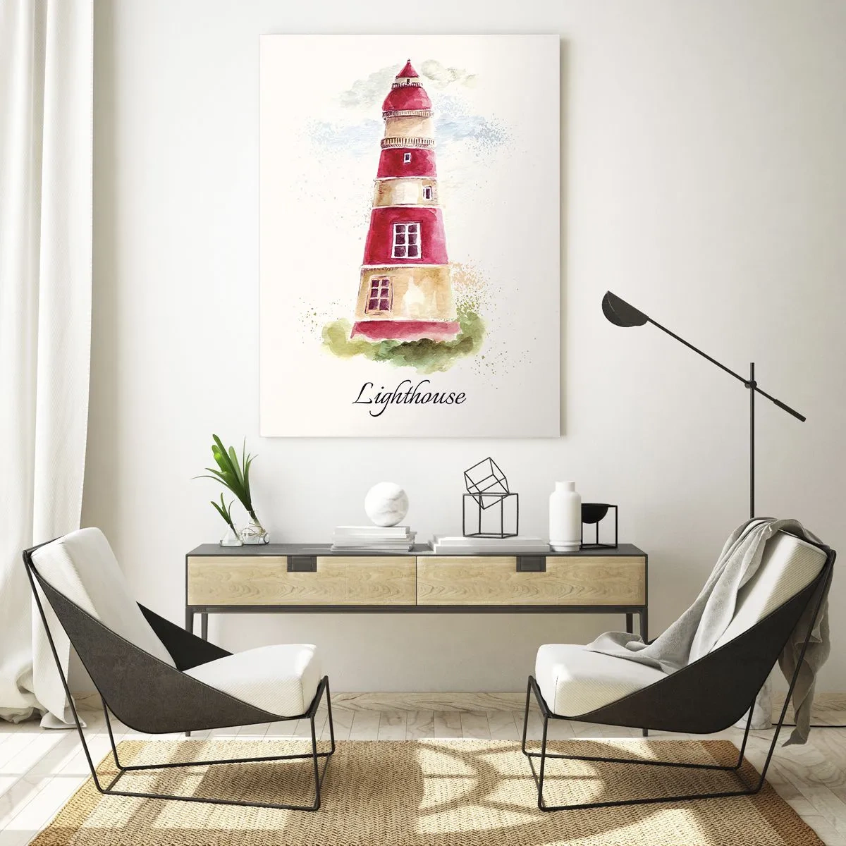 Impression sur verre - Image sur verre - Phare aquarelle avec l'inscription Phare - 50x70cm - Il y a toujours beau temps autour - Décoration murale moderne pour le salon et la chambre ARTTOR