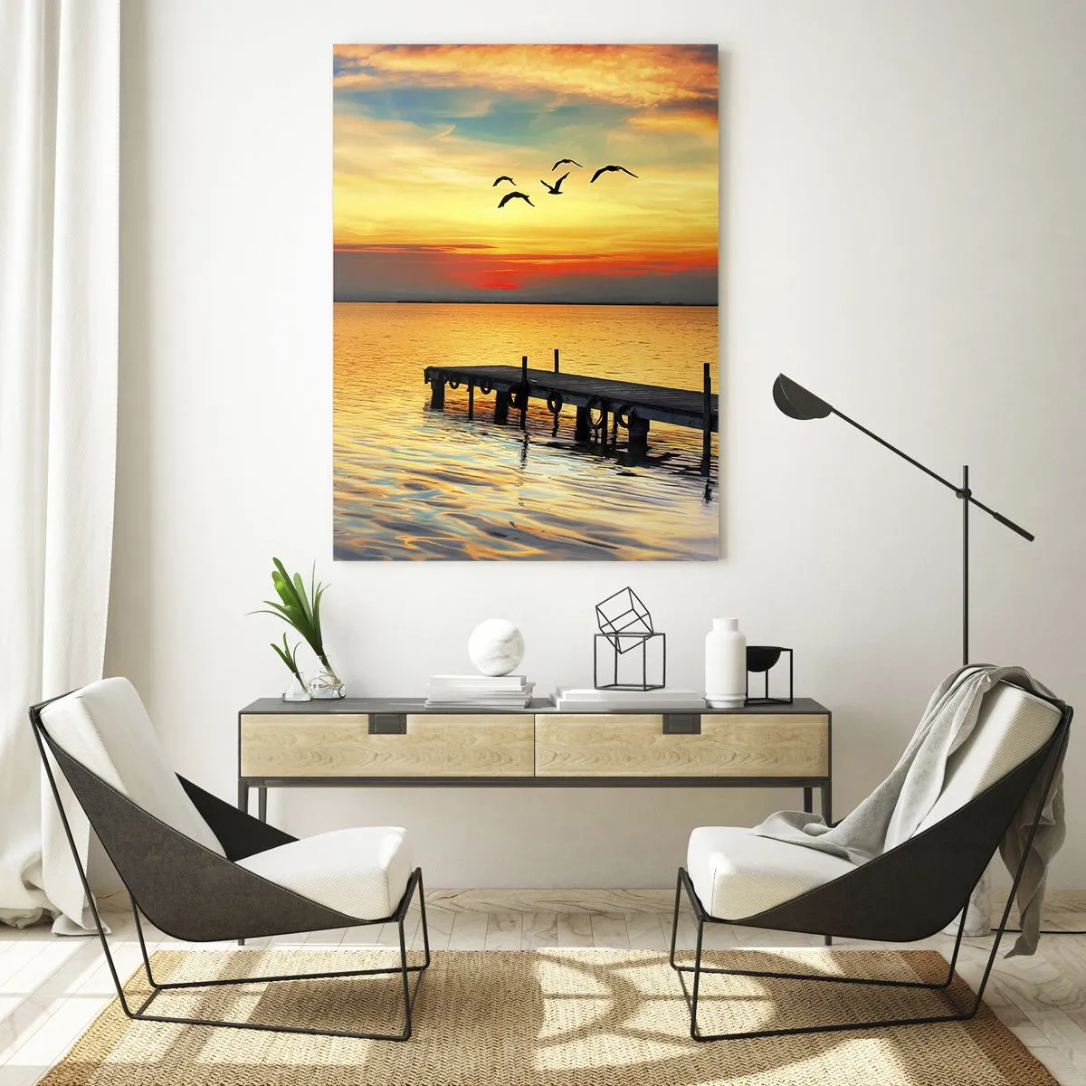 Impression sur verre - Image sur verre - Coucher de soleil avec un voilier et une jetée sur un lac calme - 80x120cm - Le soir revient - Décoration murale moderne pour le salon et la chambre ARTTOR
